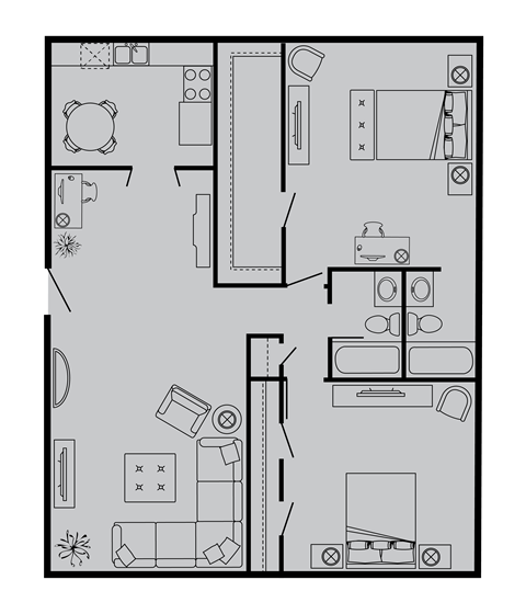 Floor plan for 2 beds, 2 baths, 1232 sqft